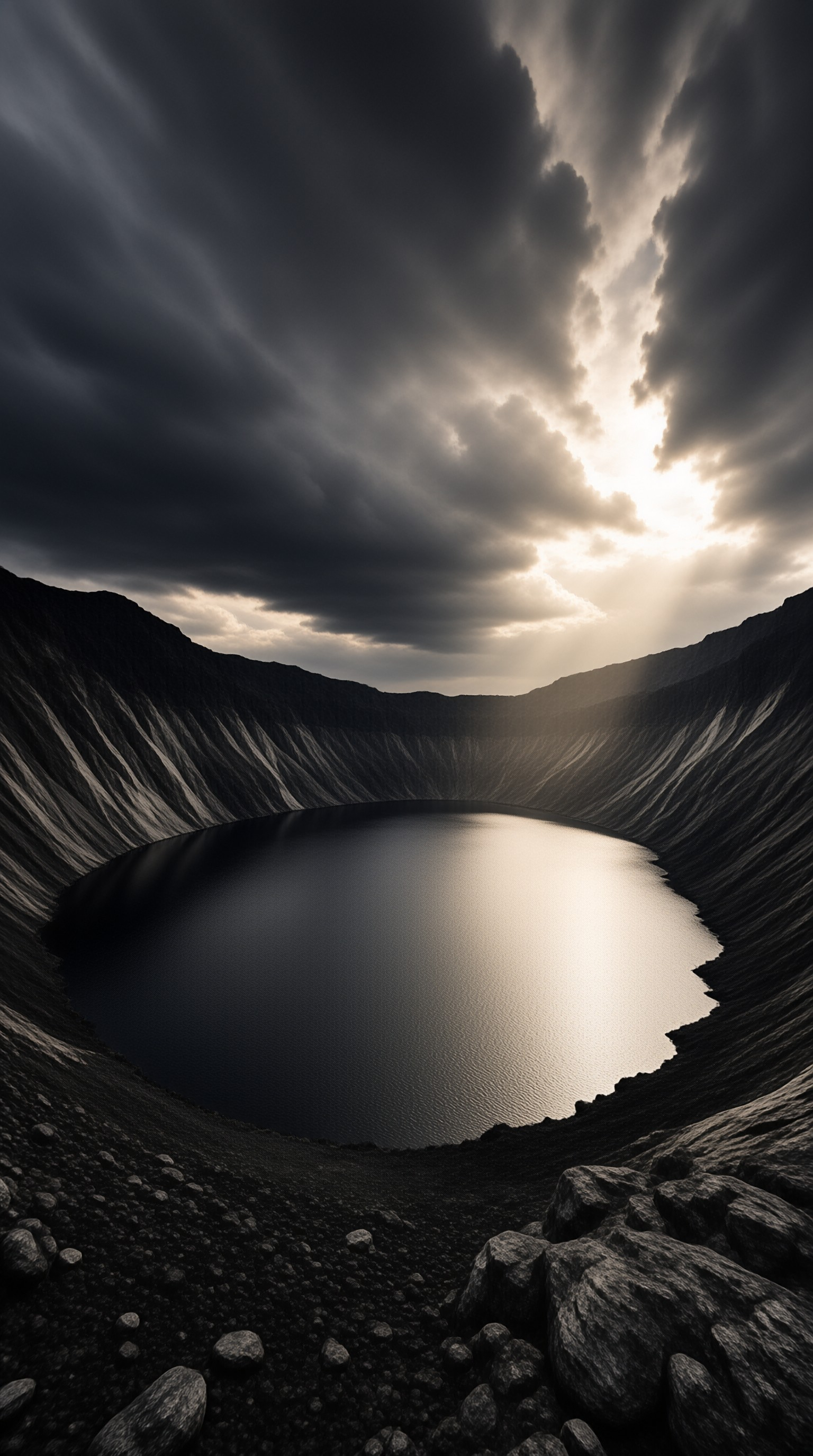 A large crater lake surrounded by steep slopes reflects light breaking through heavy clouds above the dark water.
