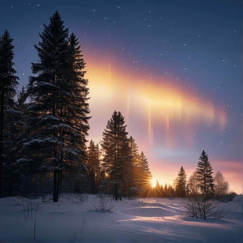 Snowy Forest Aurora Sunset
