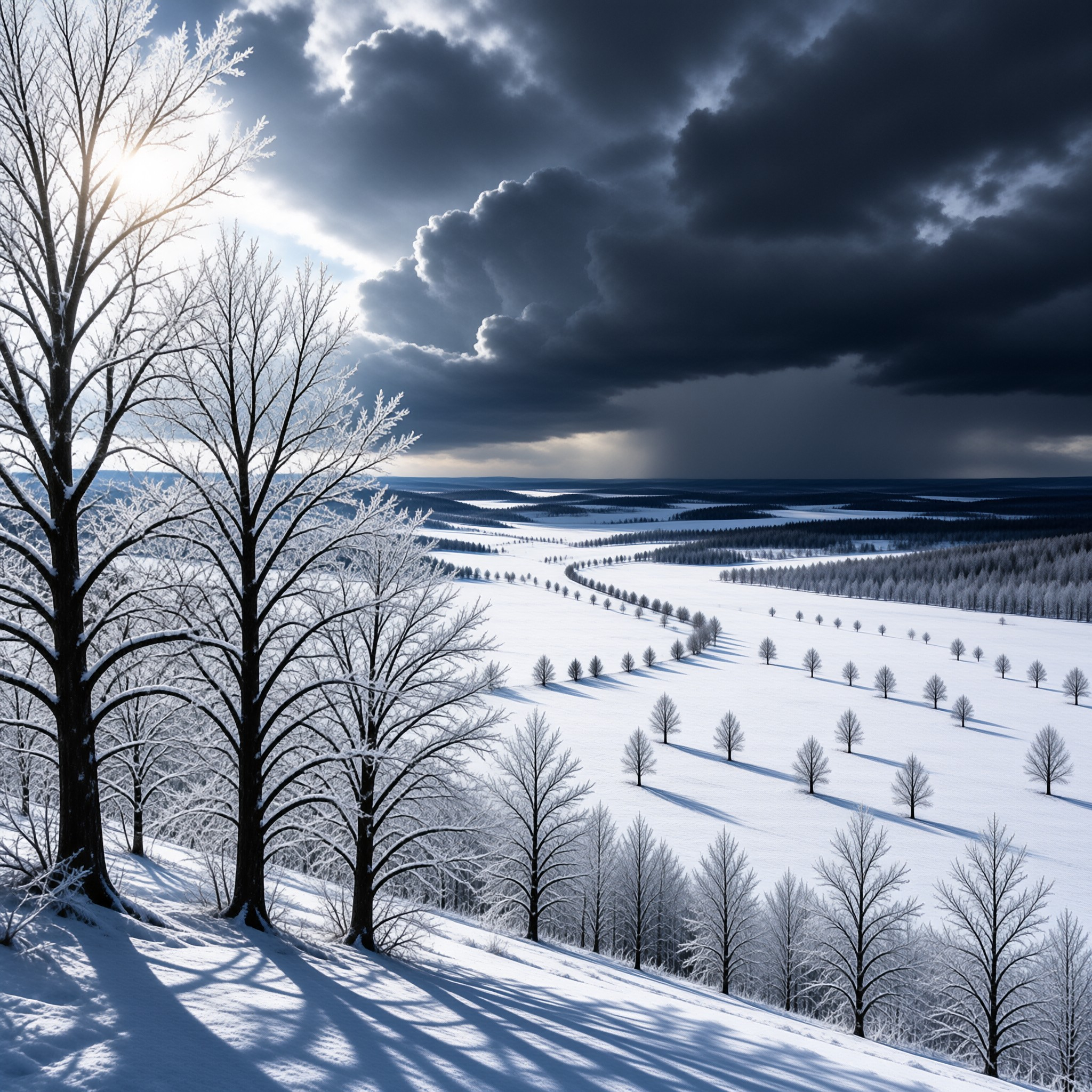 Snowy Hills and Dramatic Sky