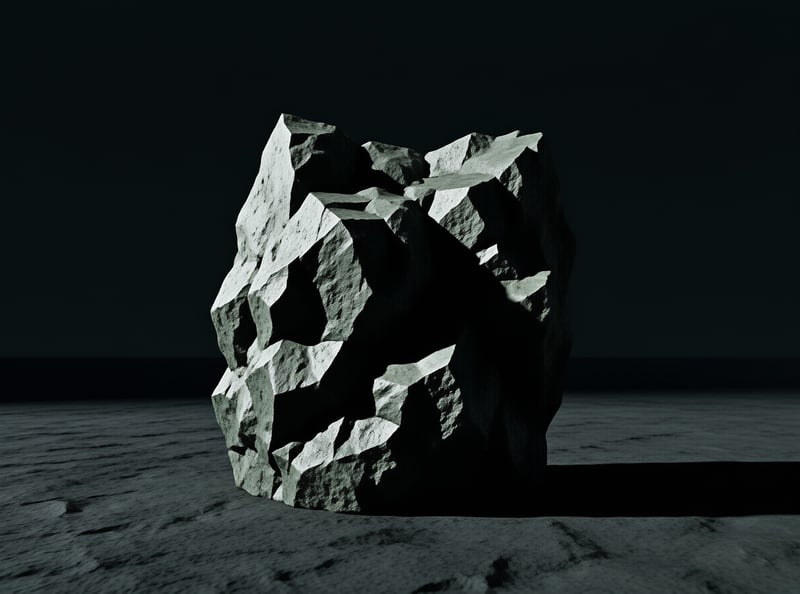 A rugged angular dark rock monolith sits on a flat desolate grey plain under harsh light casting a long shadow to its right.