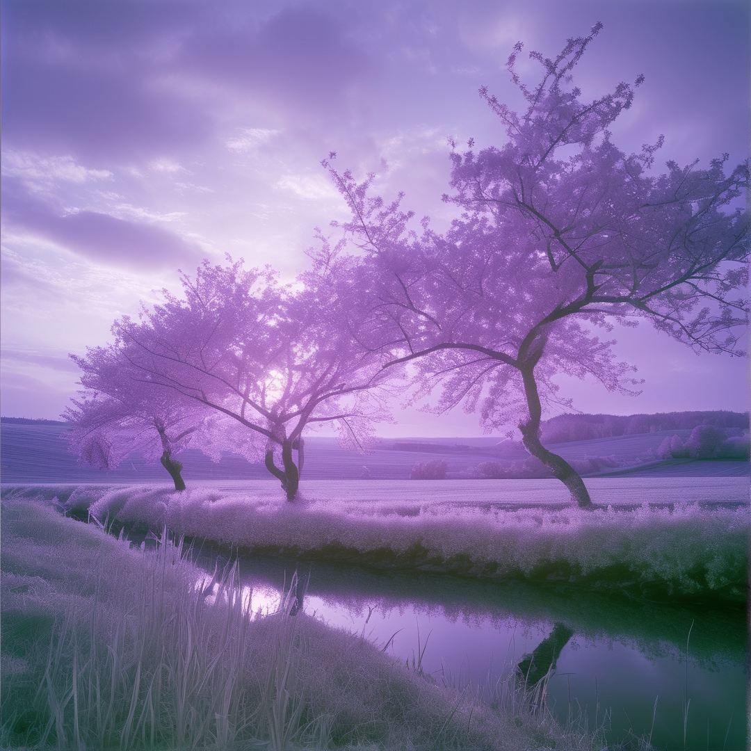 Tranquil water surface mirrors the overcast atmosphere above the rolling green terrain.