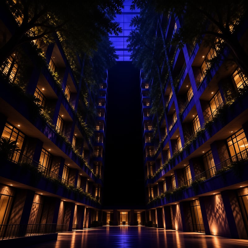 A symmetrical view of a multi-story hotel building at night featuring illuminated balconies with lush green plants hanging from railings while warm yellow light spills out from the windows contrasting with the deep blue darkness of the sky above.