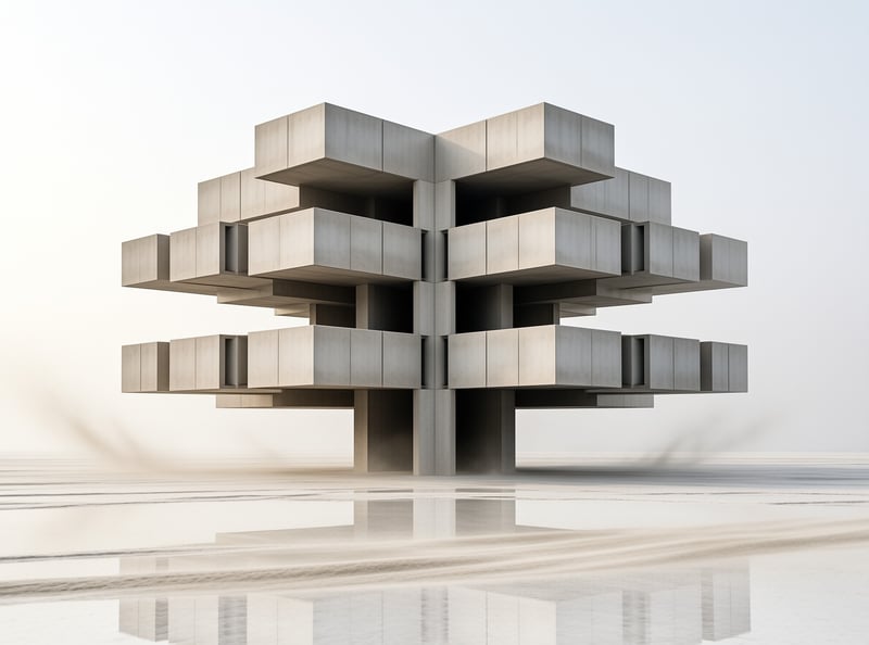 Modular concrete blocks branch outward like a stylized tree, mirrored on a polished wet floor against a pale backdrop.