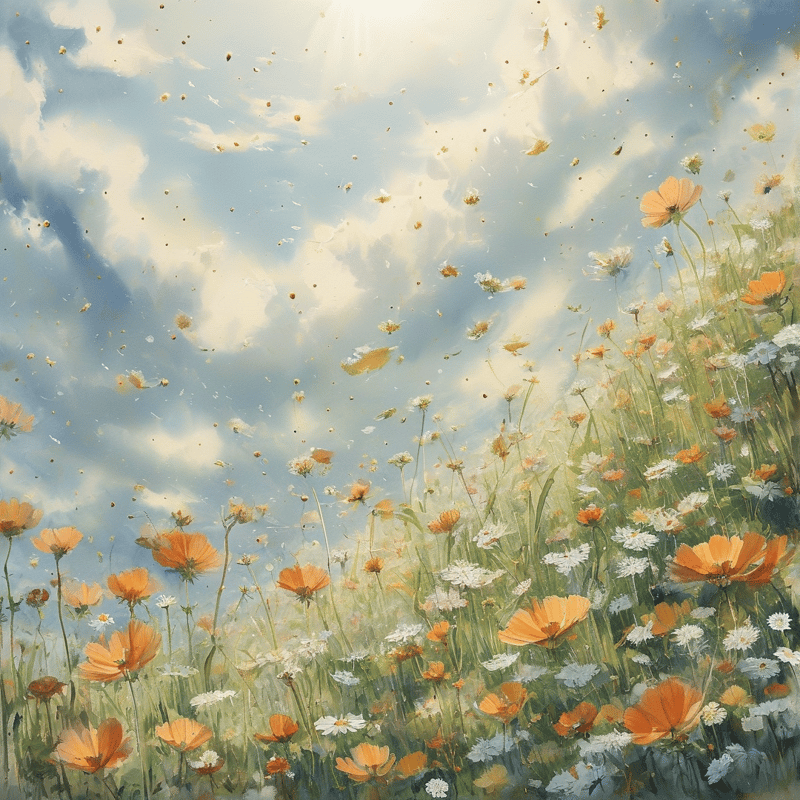 Orange poppies and white daisies grow in a grassy meadow under a bright sky with drifting clouds and floating petals.