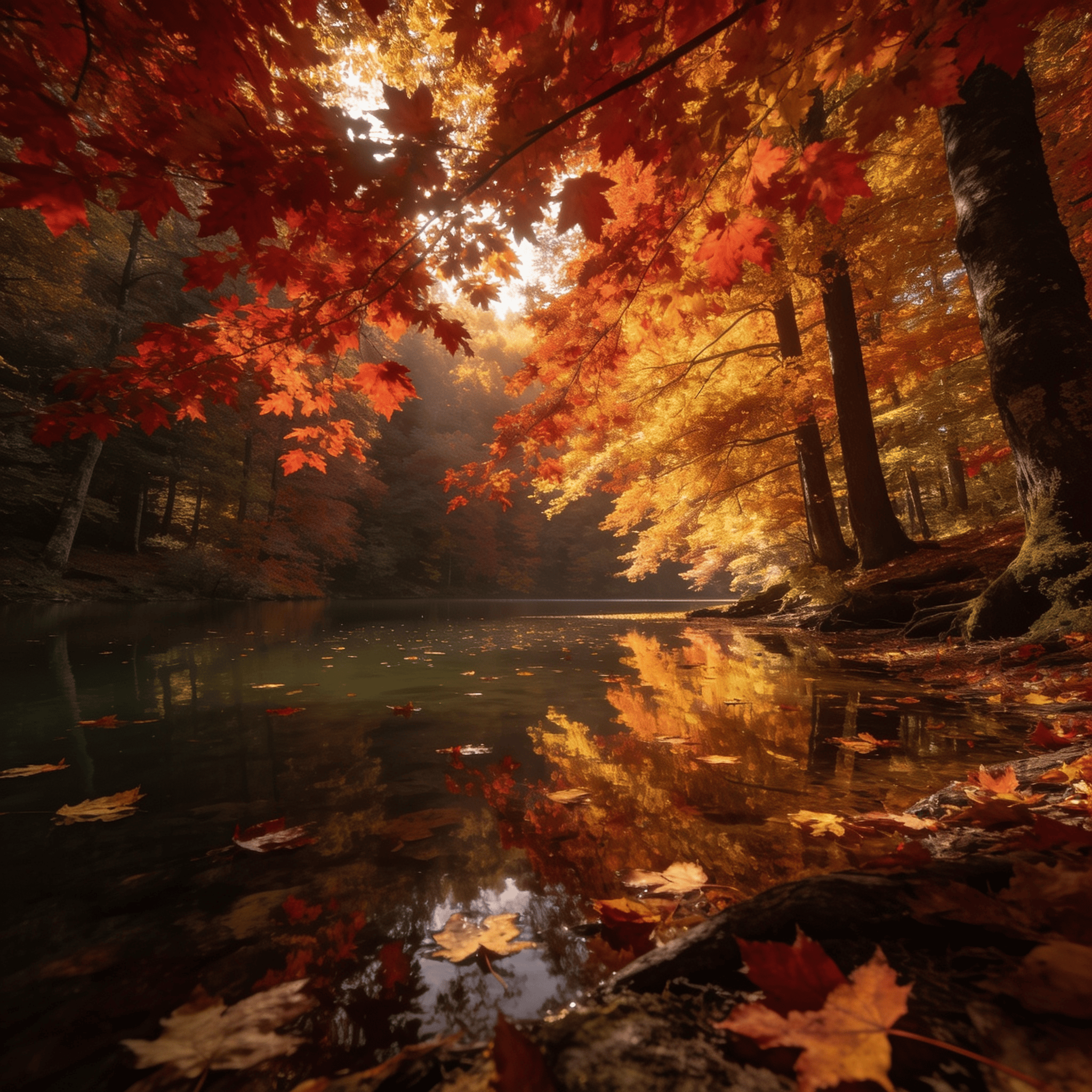 Red Maple Canopy Over a Calm Lake