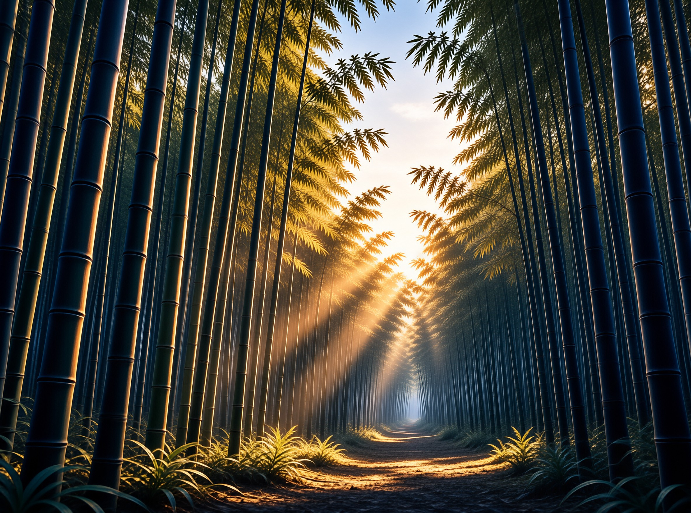 Tall green bamboo poles arch over a winding trail as golden sunbeams pour through the dense forest canopy.
