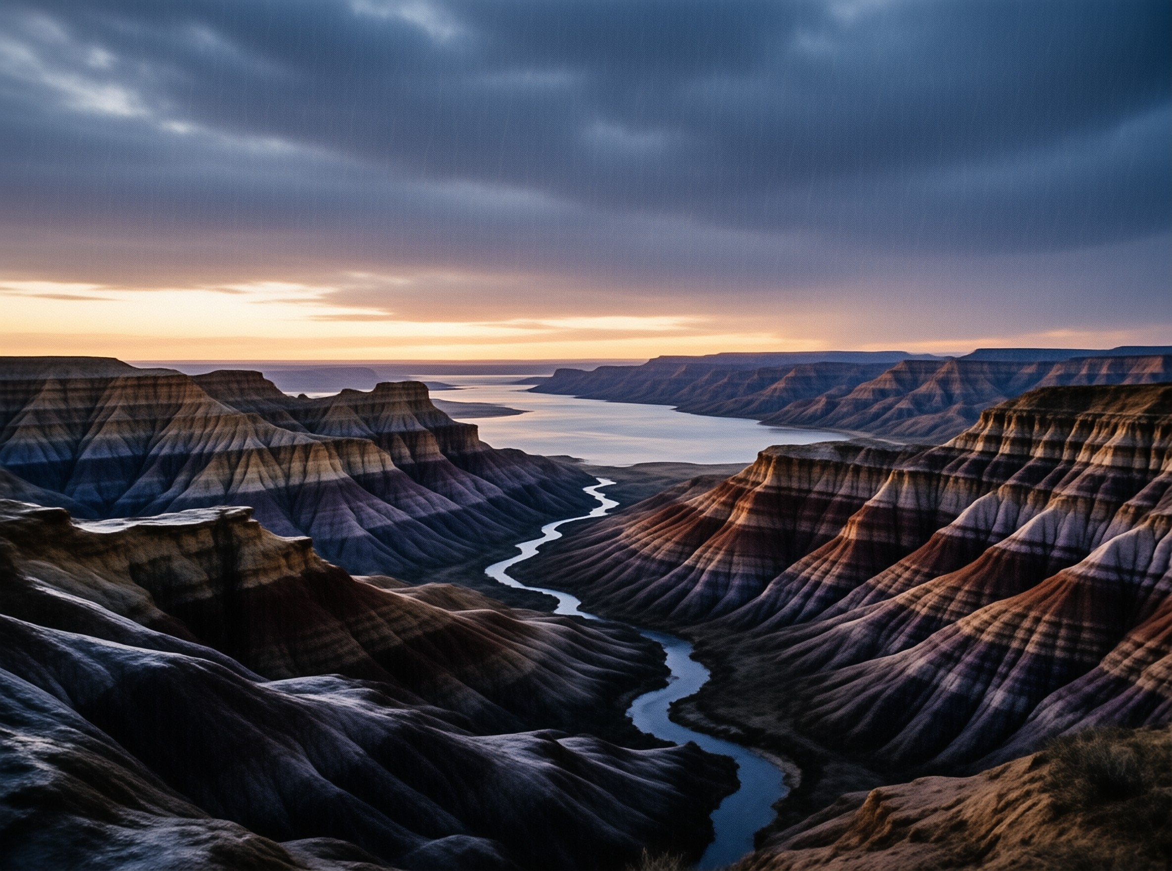 A winding river flows through a deep canyon with layered hills illuminated by warm sunset light and dark clouds.