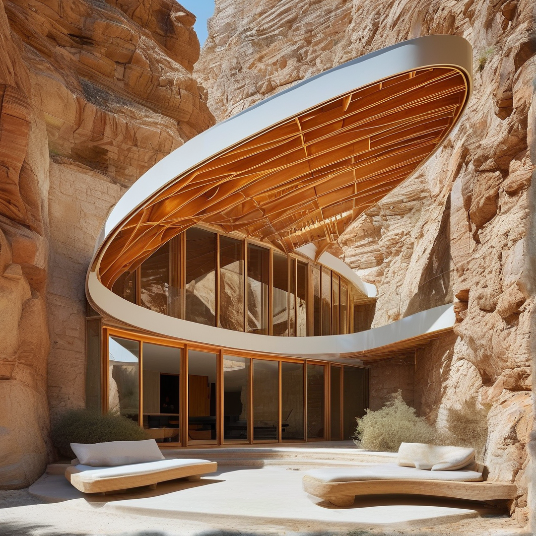 Modern curved building with white overhangs and wooden ceilings sits in a rocky canyon with glass walls and sandy seating area.