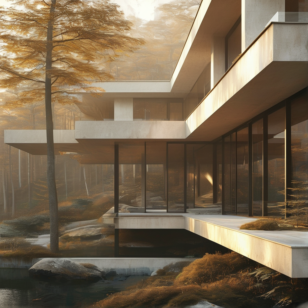 A contemporary white building with large glass windows sits among tall pine trees bathed in golden morning mist.