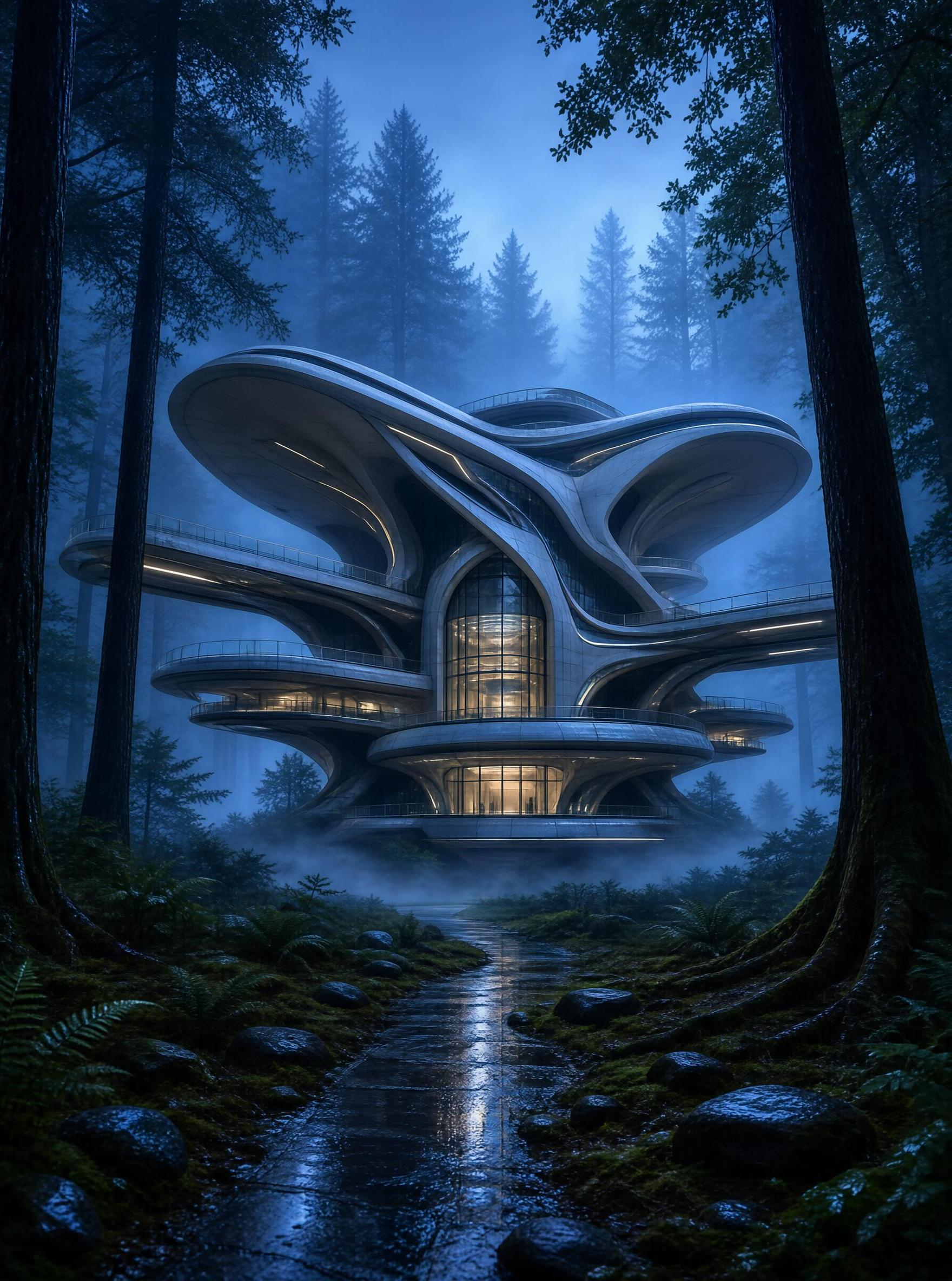 Futuristic Pavilion in Misty Forest