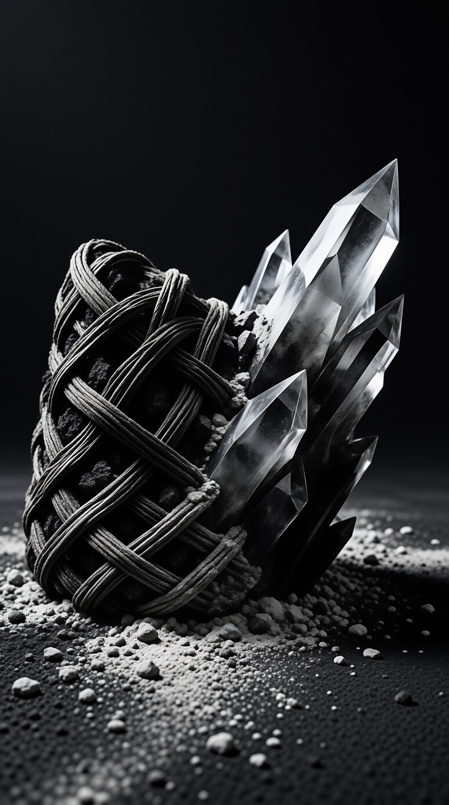 A black and white photo of a faceted clear quartz cluster beside a woven banded dark object on scattered rocky debris.