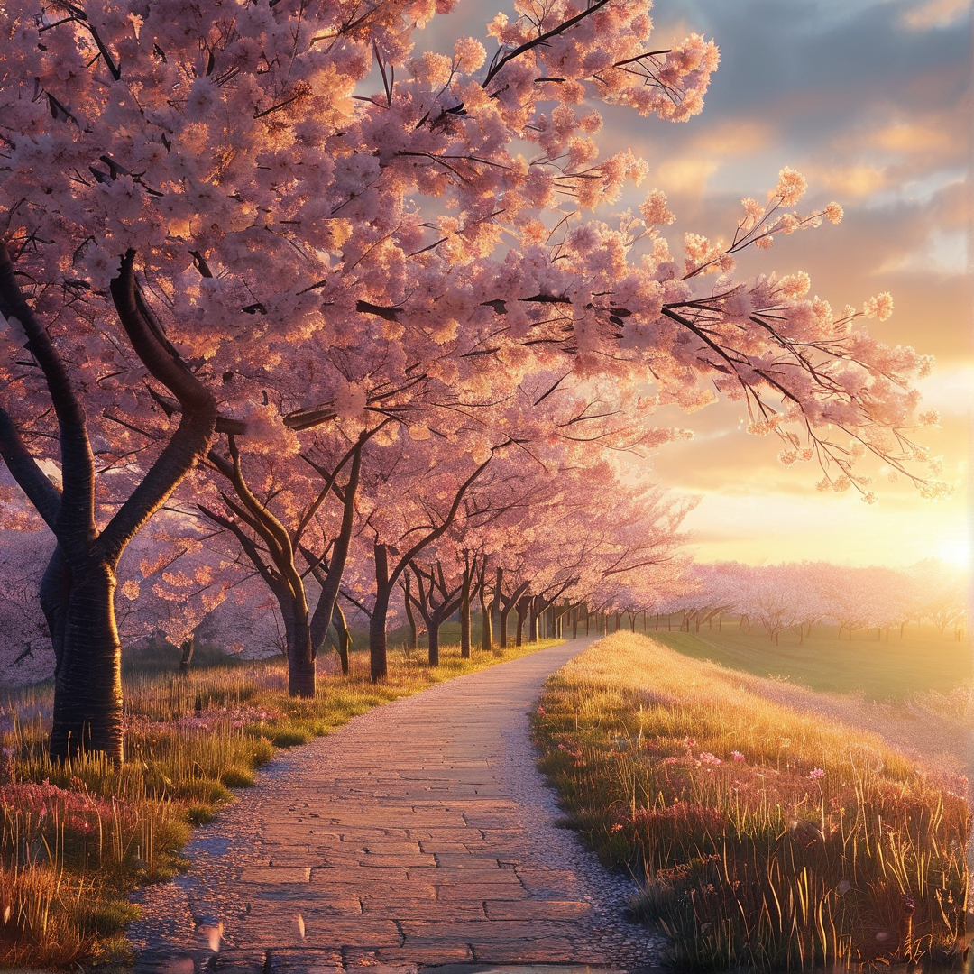Cherry Blossom Path at Sunset