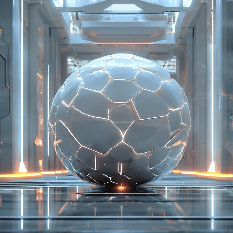 A large faceted ball rests within a futuristic hallway illuminated by vertical pale strips and warm amber floor accents.