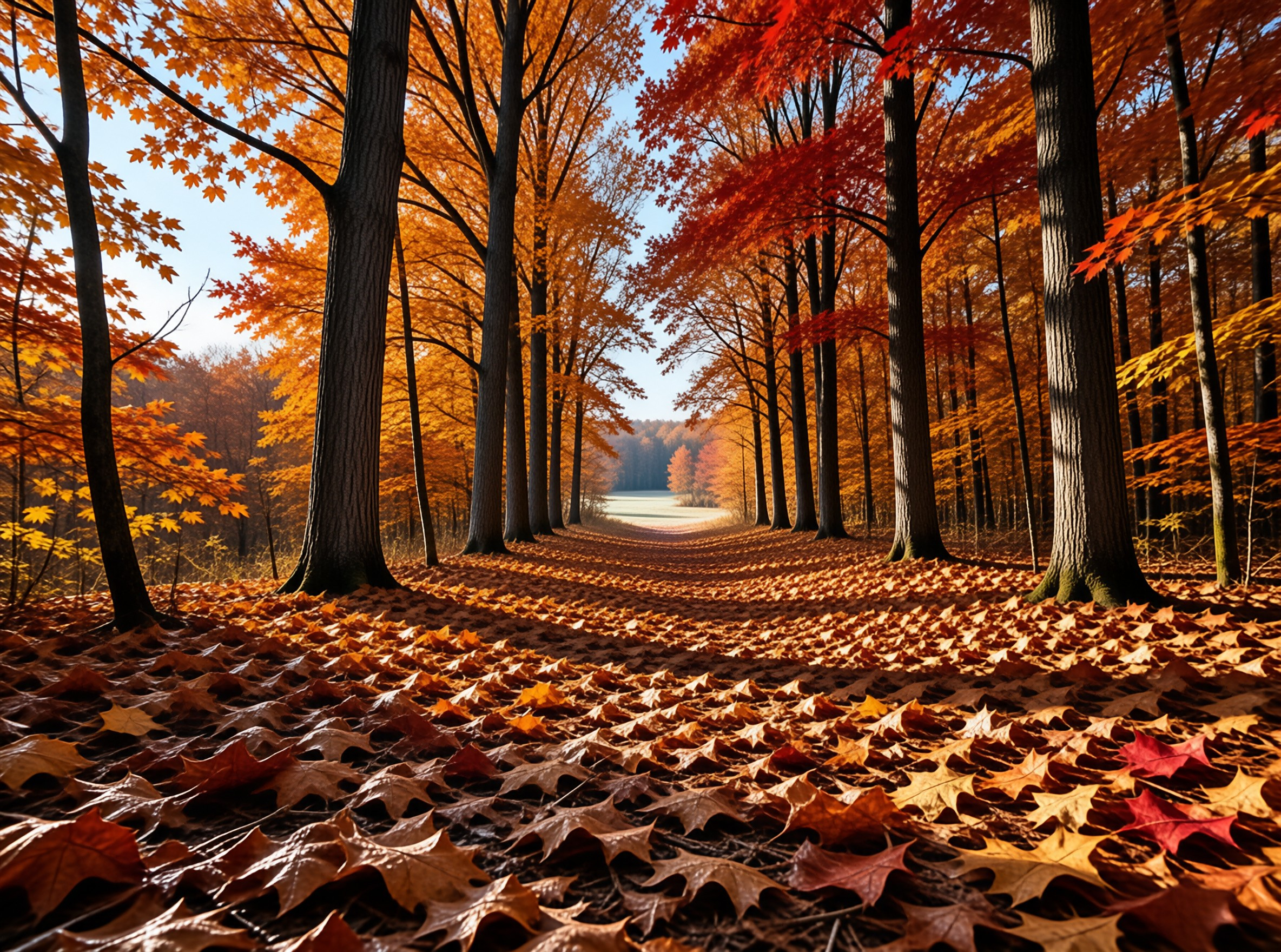 Tall trees with vibrant orange foliage frame a winding road covered in fallen leaves under bright sunlight.