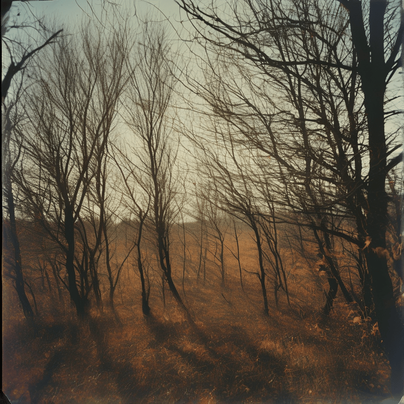 Leafless trees stand silhouetted against a pale sky while dry golden grass covers the sloping ground below.