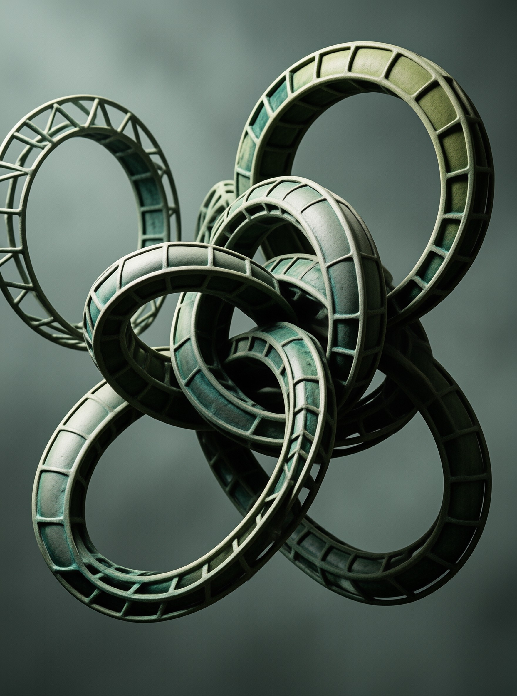 A complex arrangement of thick greenish rings interlocked together with a segmented brick-like texture on their outer edges.