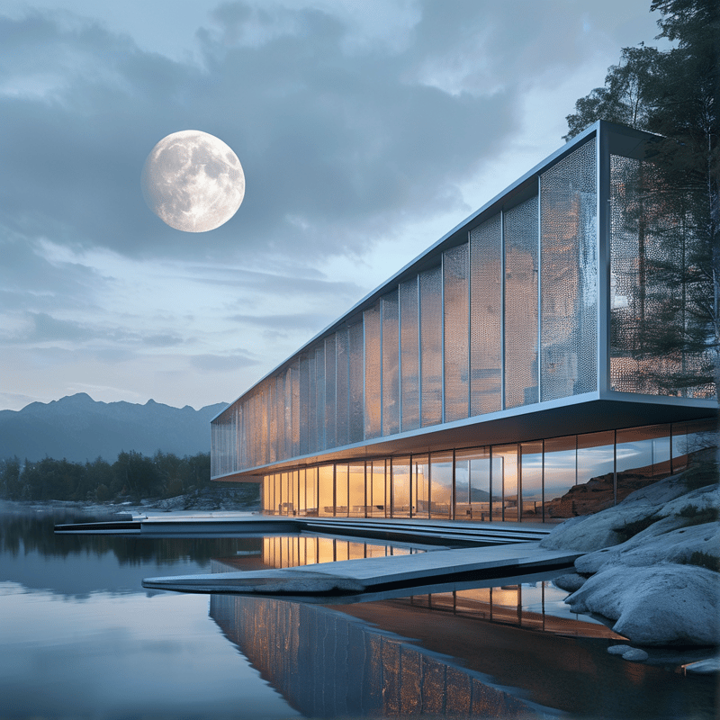 A long modern glass building radiates warm light above a calm lake at dusk, with a full moon hanging in the cloudy sky.