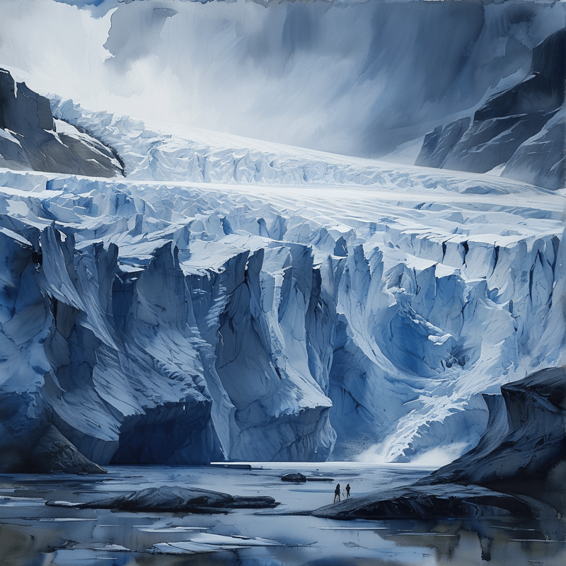 Towering blue glacier ice walls loom over calm water as two tiny figures stand on foreground rocks.