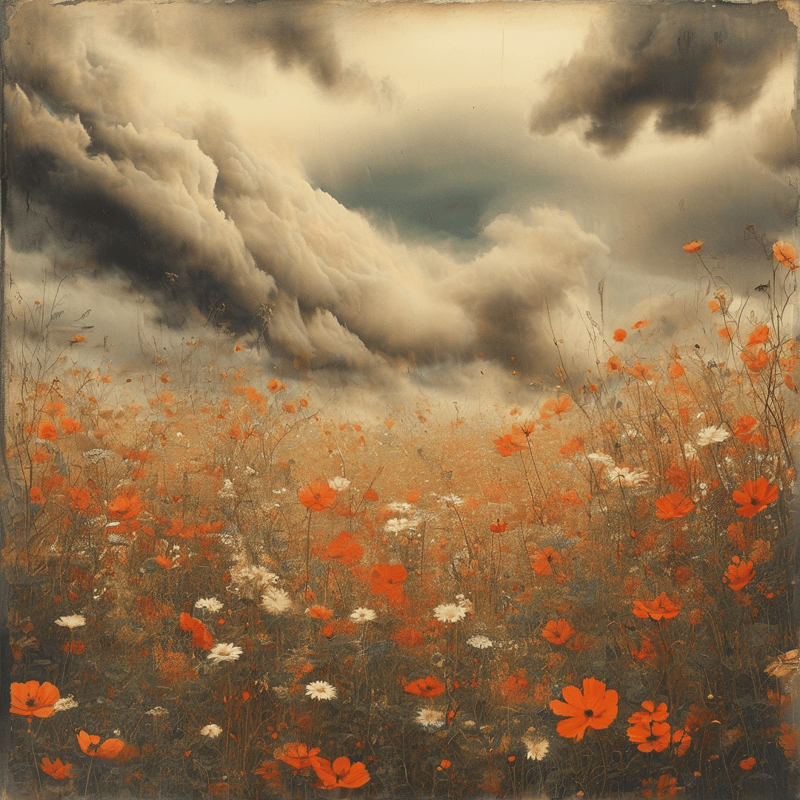 Orange poppies and white wildflowers bloom in a meadow beneath a sky heavy with dark storm clouds.