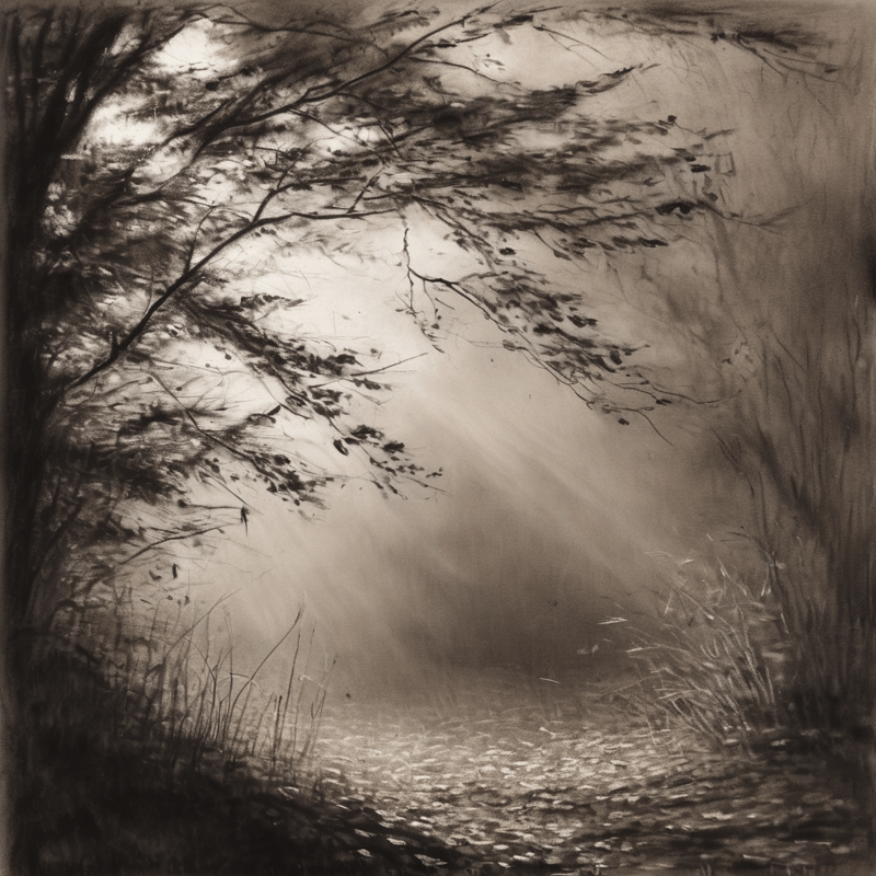 Sepia toned painting of overhanging tree branches casting dark shadows against slanting sunbeams that illuminate a grassy forest ground