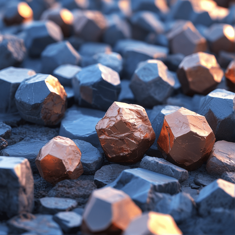 A cluster of dark faceted stones catching warm orange light on their sharp edges while surrounded by cool blue shadows.