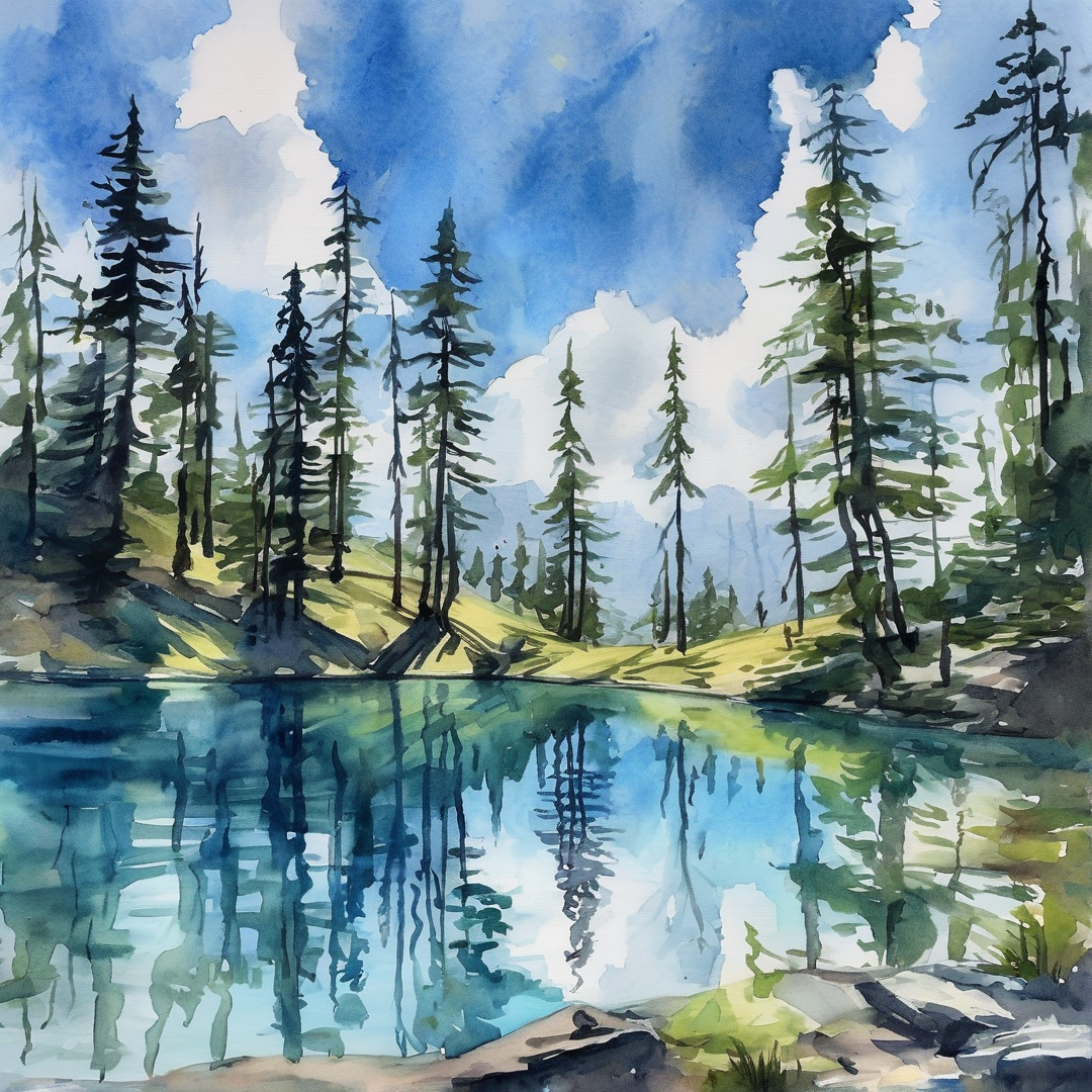 Watercolor painting of tall evergreens beside a calm lake mirroring the bright blue sky and distant mountains under white clouds.