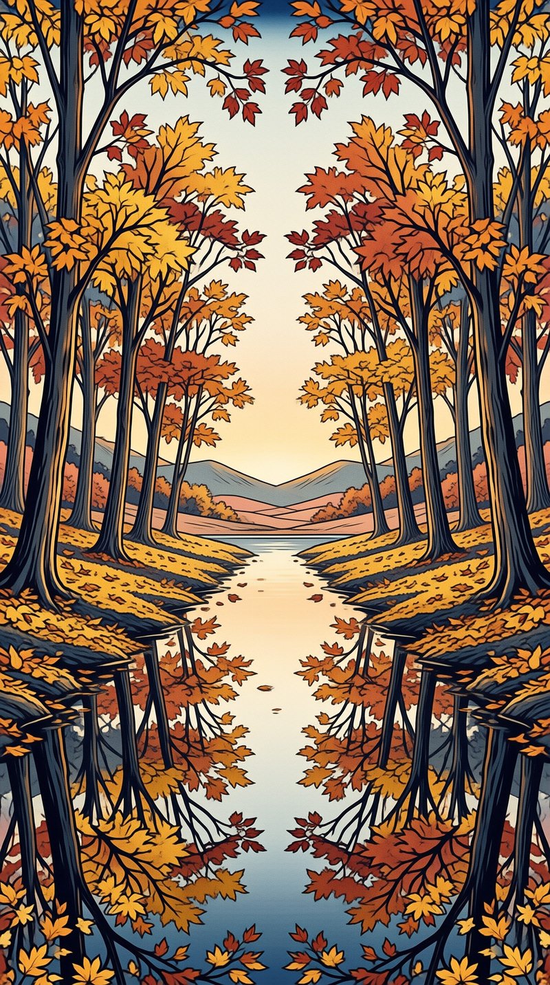 Illustrated trees with orange leaves line a river reflecting the warm sky and distant mountains.