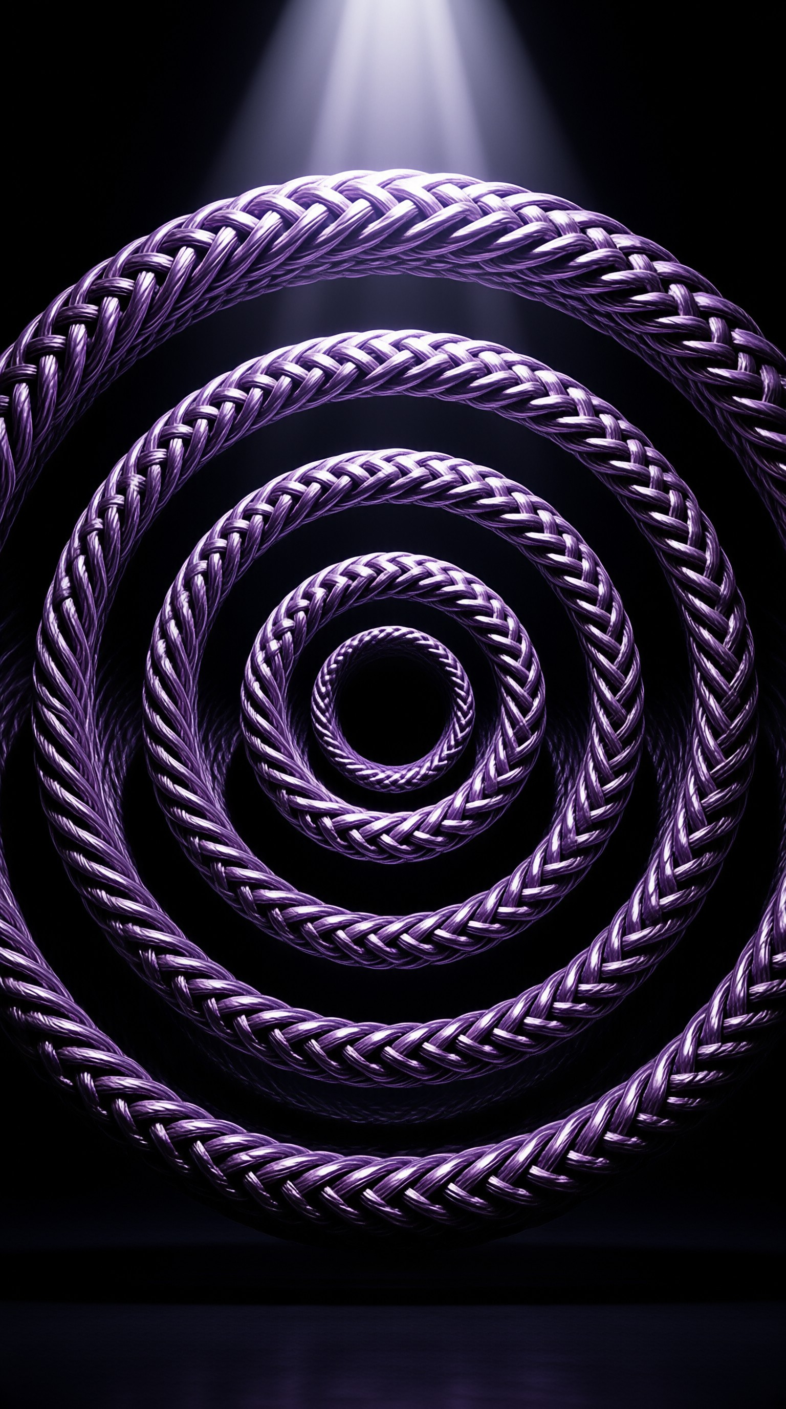 Concentric loops of woven purple metallic cord spiral inward beneath a single beam of light
