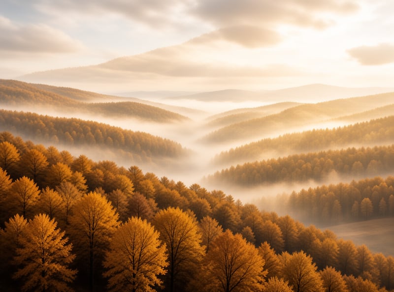 Rolling hills of orange autumn trees sink into ribbons of low fog lit by warm early morning sun