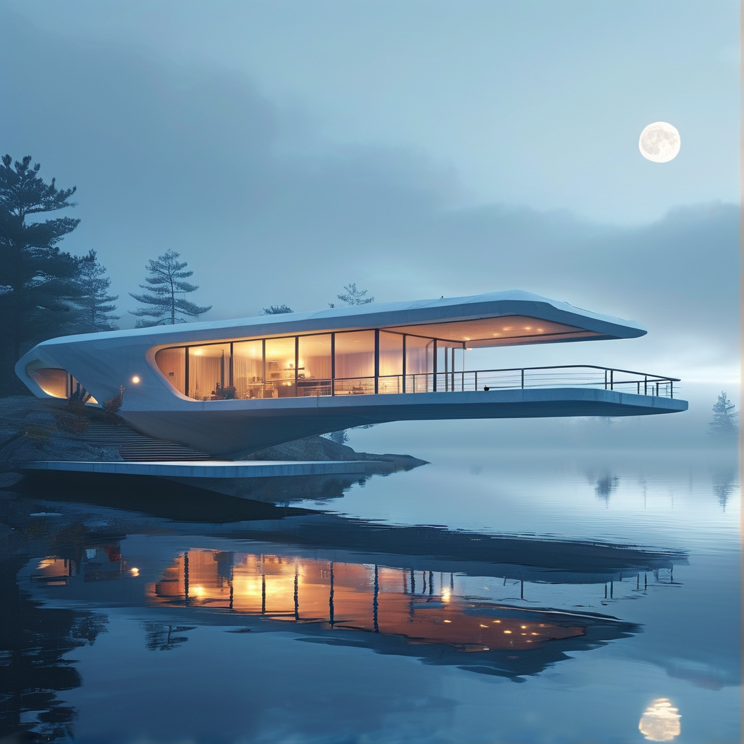 Futuristic Lake House at Night
