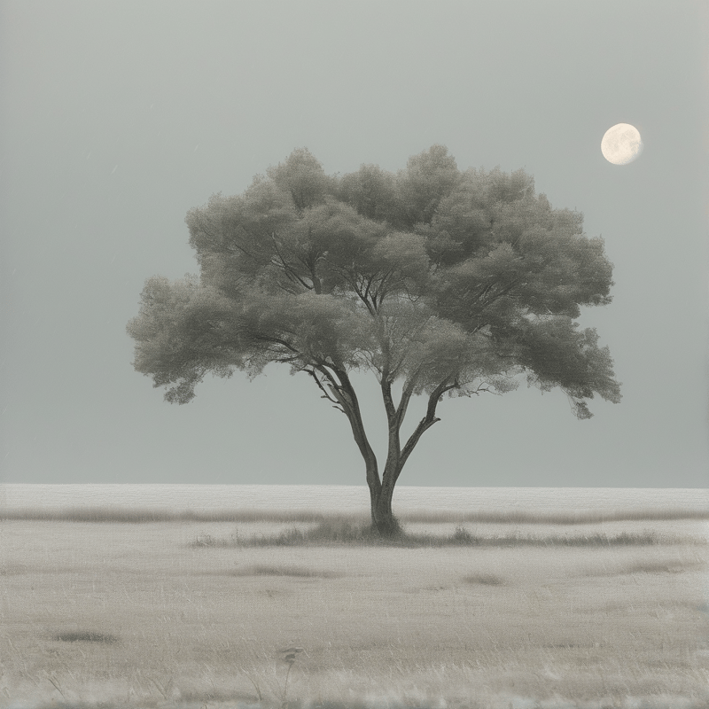 A solitary leafy tree rises from a pale fogbound meadow while a soft moon glows in a muted grey sky