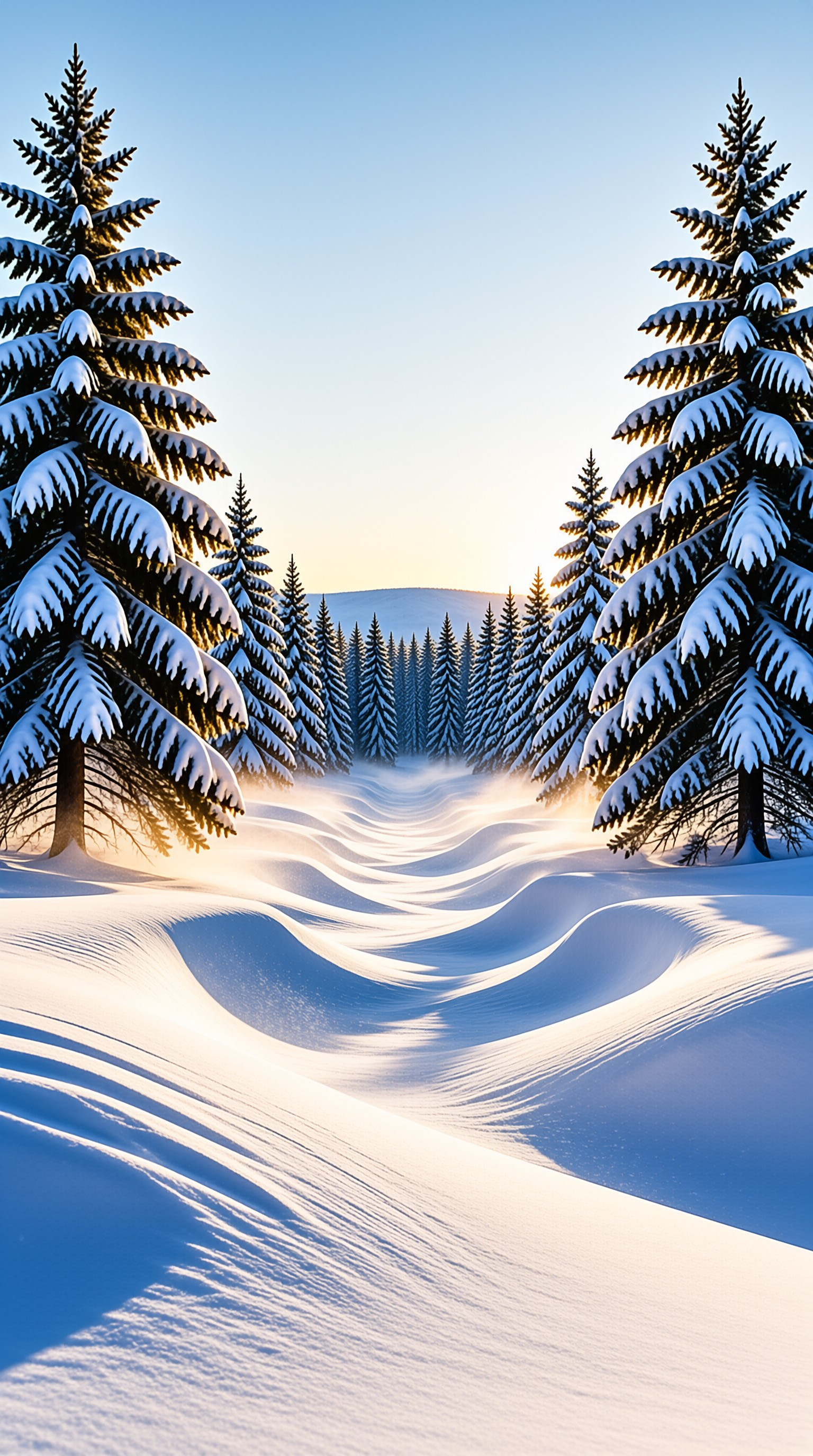 Tall snow-covered pine trees stand on either side of a winding valley bathed in warm golden sunlight.