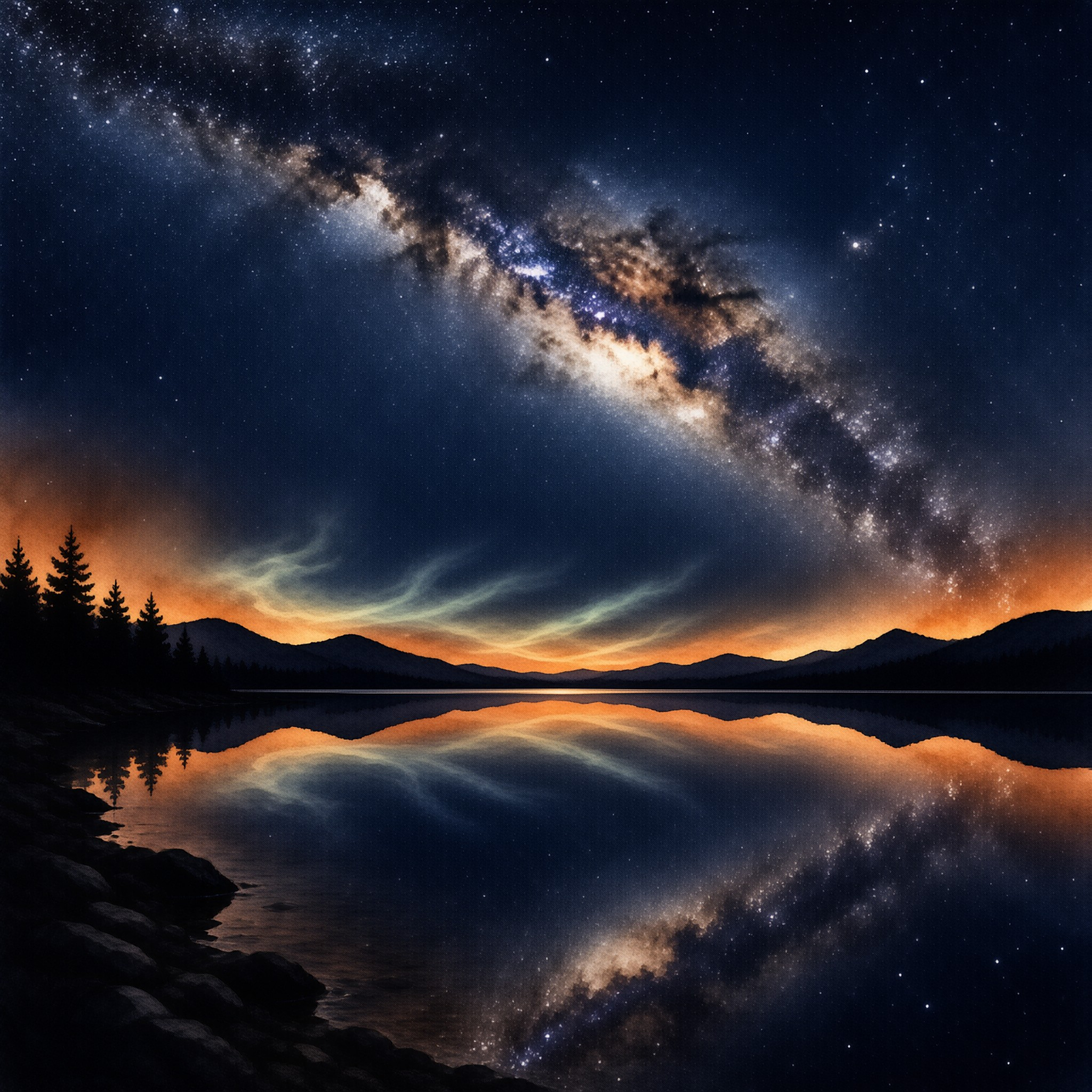 Bright stars and the galaxy stretch across a dark sky above a lake reflecting orange horizon light.