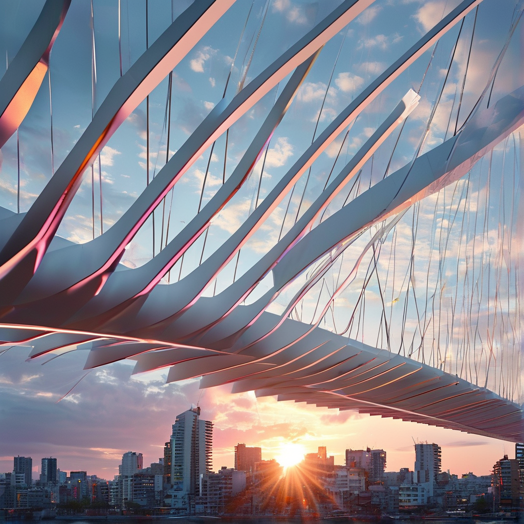 A futuristic white architectural structure with rib-like elements curves overhead against a twilight sky filled with soft pink and blue clouds while the sun bursts through a dense urban skyline below casting warm light on the metallic surfaces.