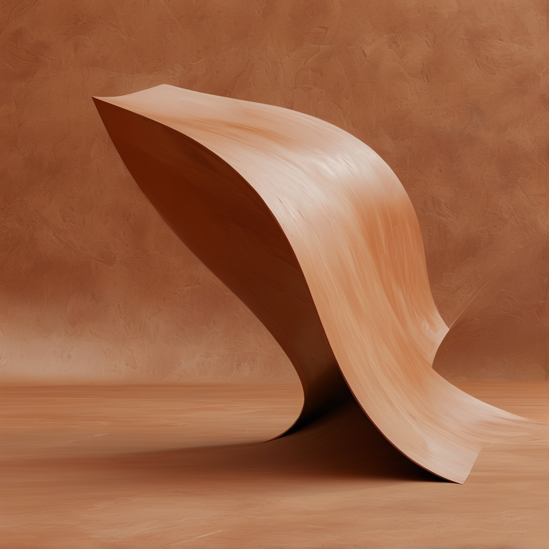 A smooth piece of light brown timber bends into a wave shape on a matching floor.