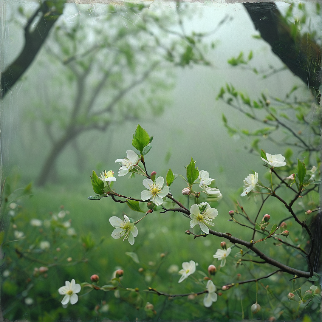 A branch of white apple blossoms with green leaves extends across a foggy garden scene with soft blurred trees in the background.