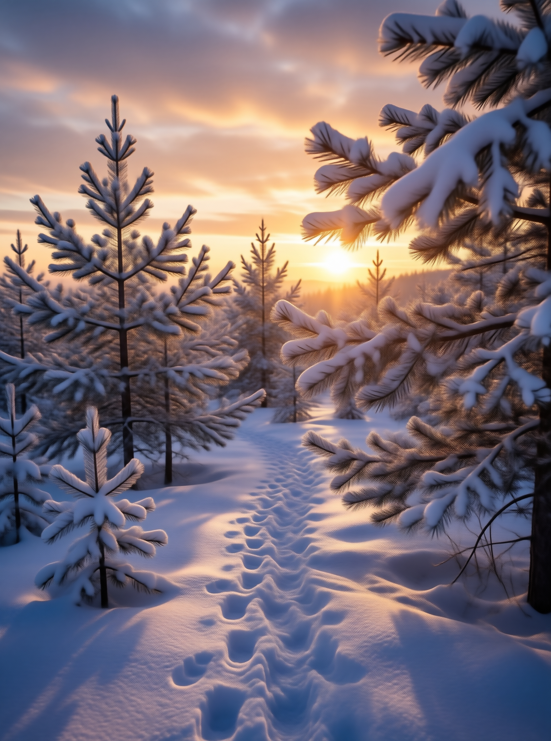 Snowy Forest Path at Sunset