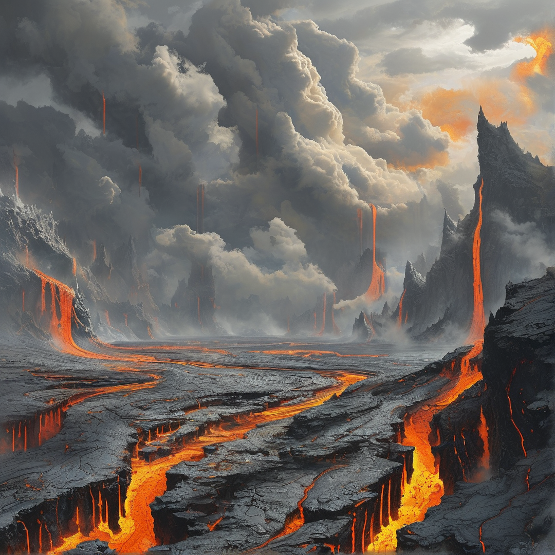 Rivers of molten lava wind across a blackened volcanic plain while thick grey clouds billow overhead lit by glowing embers.