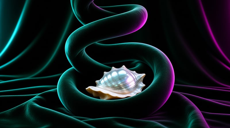 A luminous seashell sits inside a loop of dark green and purple velvet-like fabric glowing with neon light.