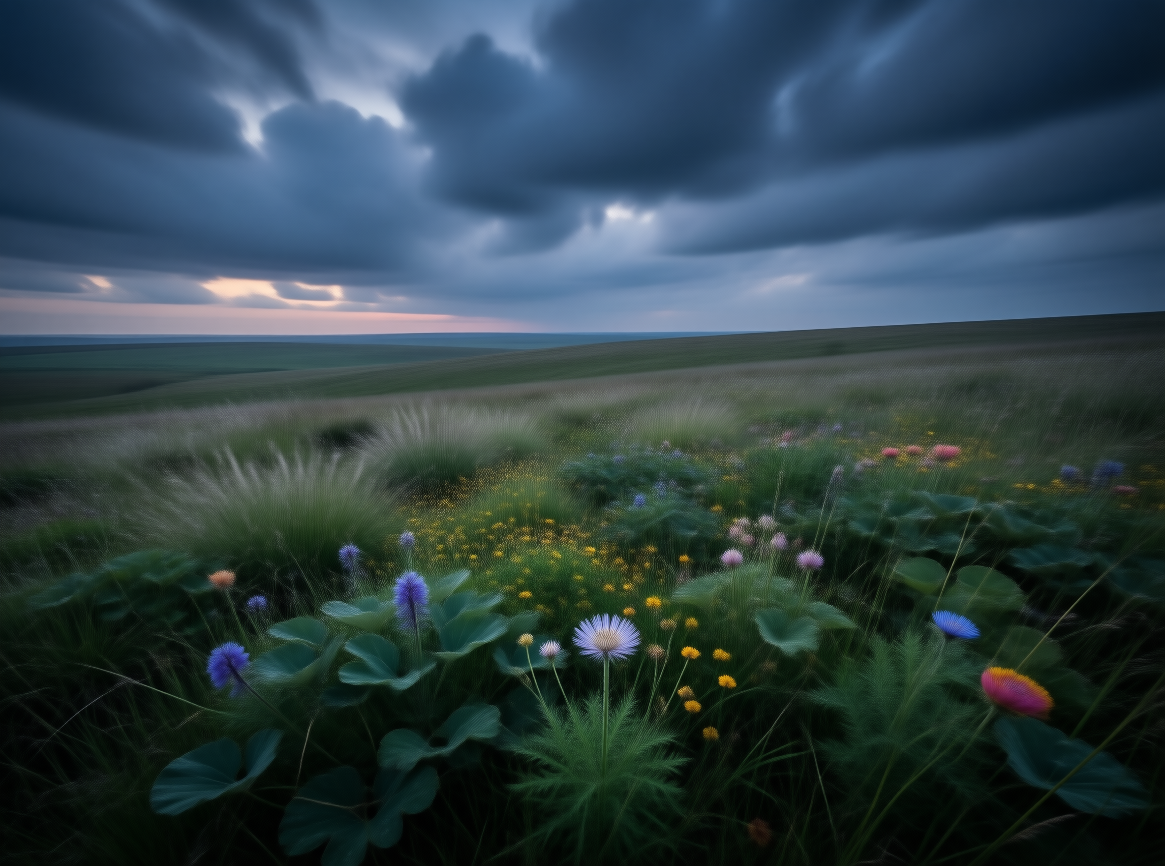 Wildflowers Under Dark Clouds