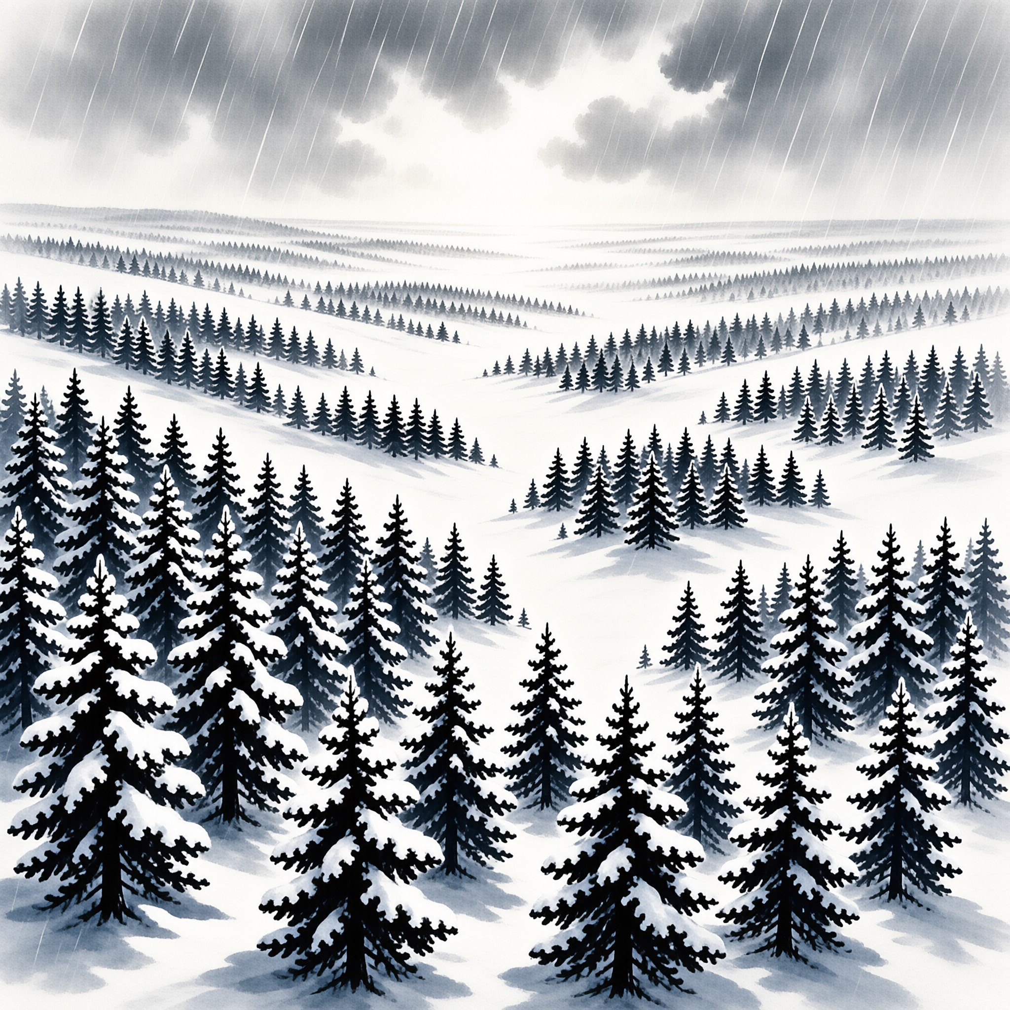 A monochromatic winter scene features snow-laden pine trees on rolling hills beneath a dark, rainy sky with precipitation streaks.
