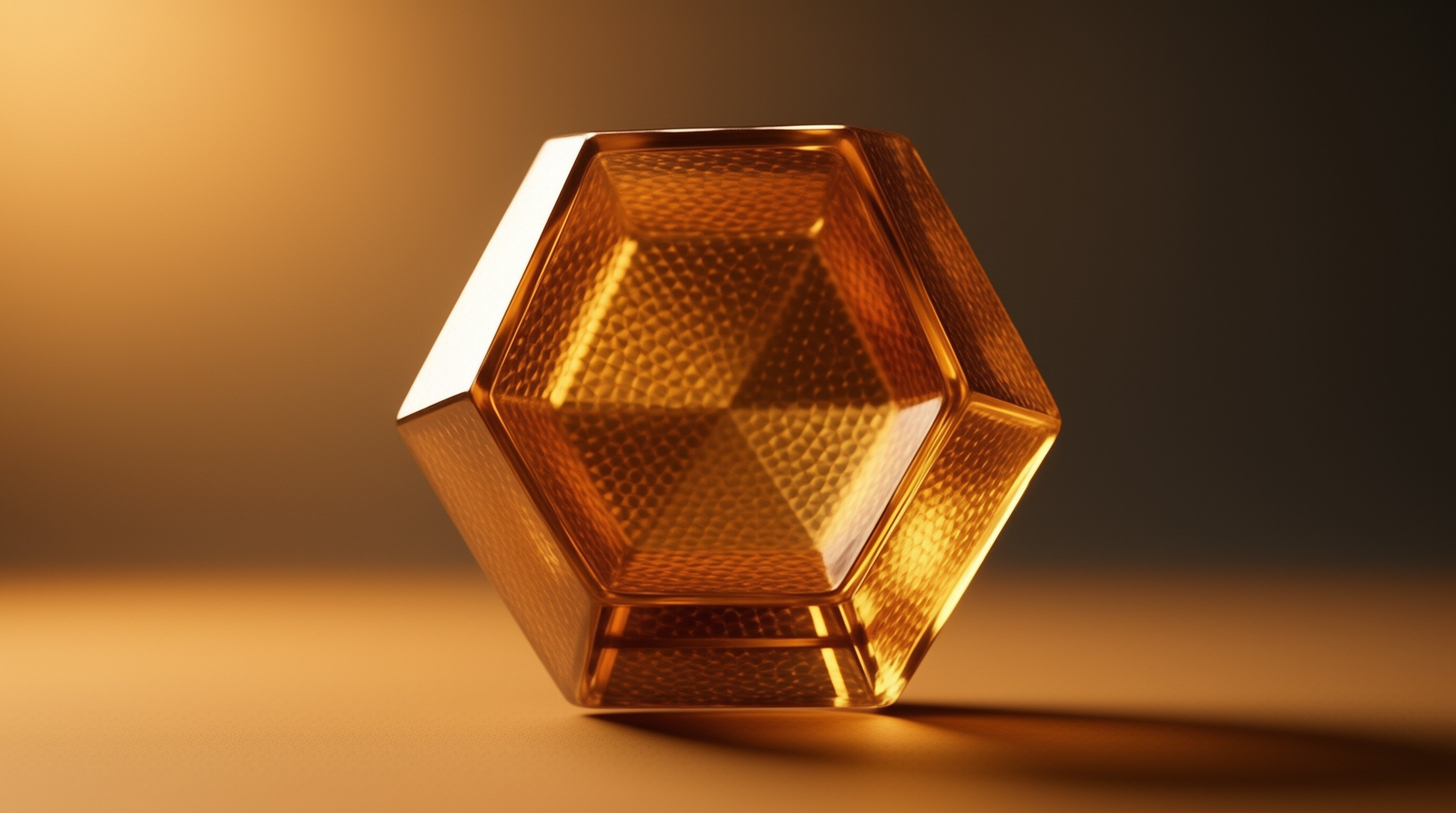 A golden hexagonal crystal with a detailed textured surface is illuminated by warm light against a gradient background.