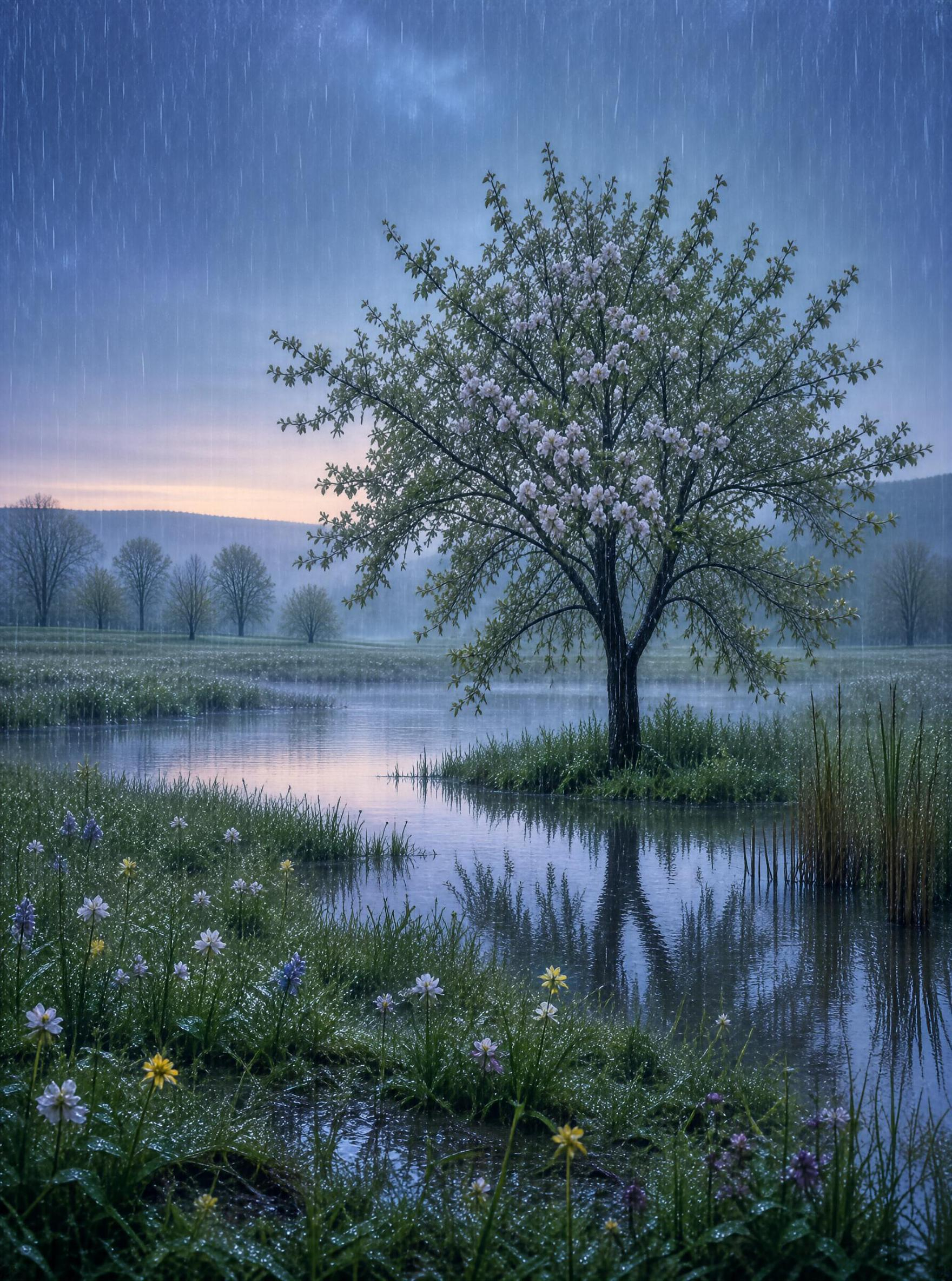 Rainy Blossom Tree by Pond