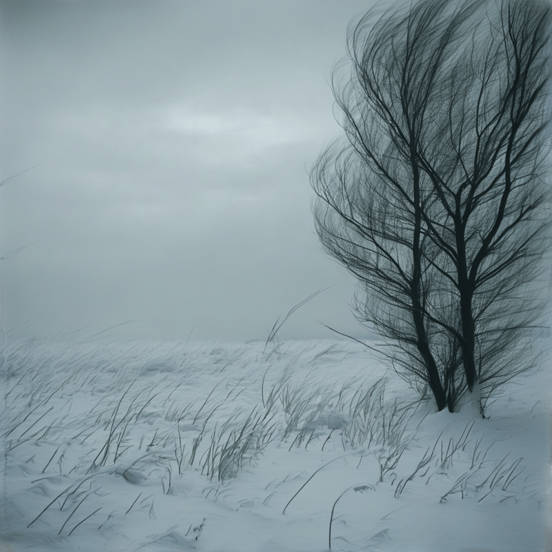 A bare tree stands in a snowy field where wind bends the branches and tall grass leans under a cloudy sky.