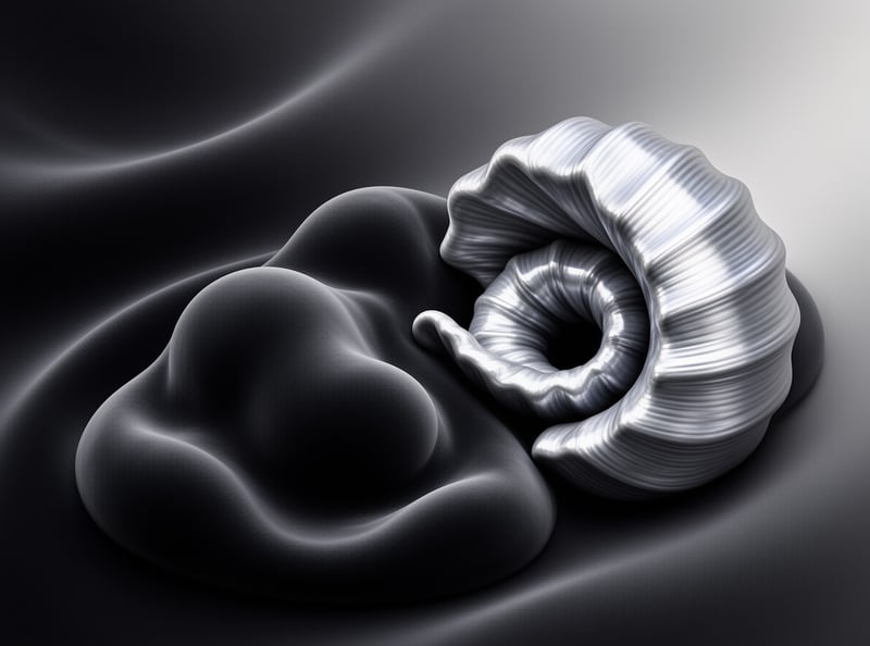 A polished silver ribbed object curls next to a soft dark shape under dim lighting.
