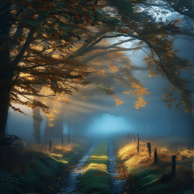 A dirt forest trail runs through foggy autumn woods where warm sunbeams light up orange foliage and dewy grassy paths.