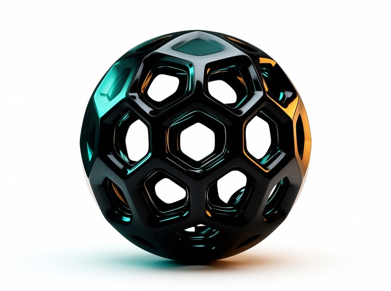 A glossy black lattice sphere rests on white while cyan and amber highlights shine across its hexagonal cutouts