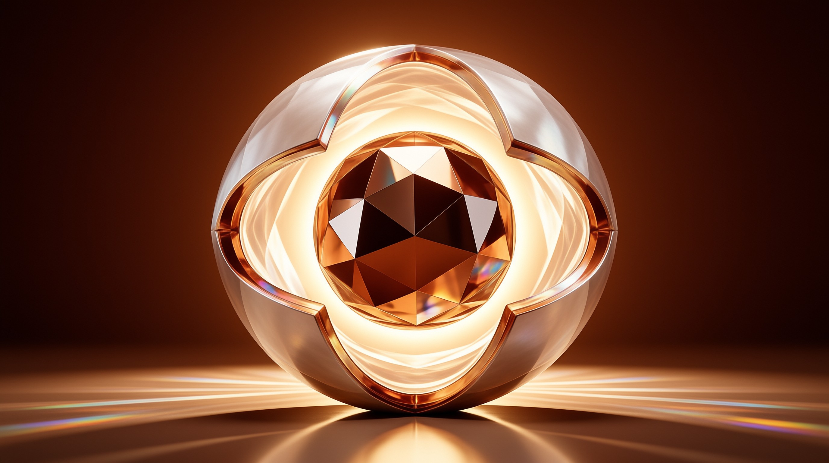 A glowing copper and pearl sculpture cradles a faceted amber gemstone against a warm brown backdrop