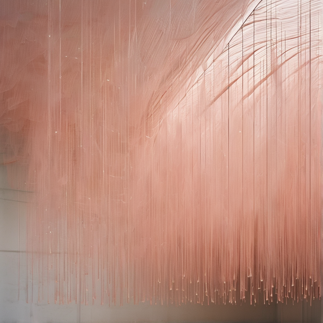 Pink fibrous lines drape vertically against a pale wall surface under diffuse illumination.