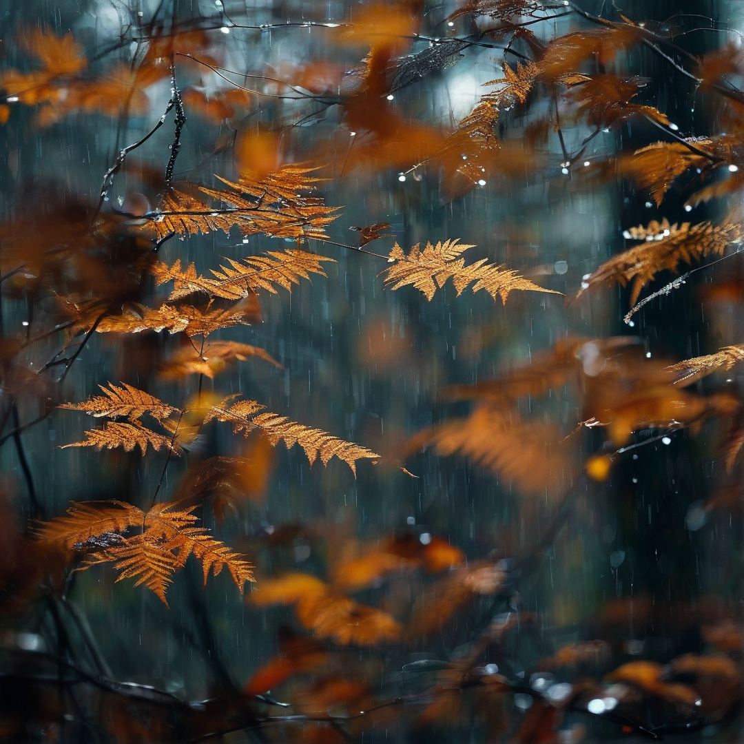 Orange fern-like leaves covered in raindrops hang against a blurred blue and grey background.